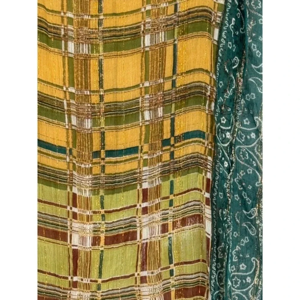 Green Gold Plaid‎ Paisley Metallic Thread Lightweight Scarf Chic Fairycore 89-53